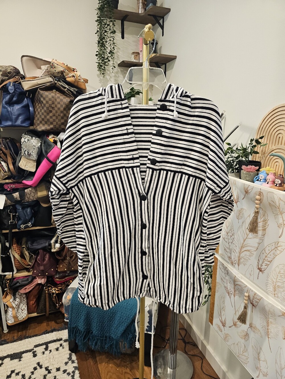Vintage Avon Black & White Striped Button-Up Hooded Shirt
